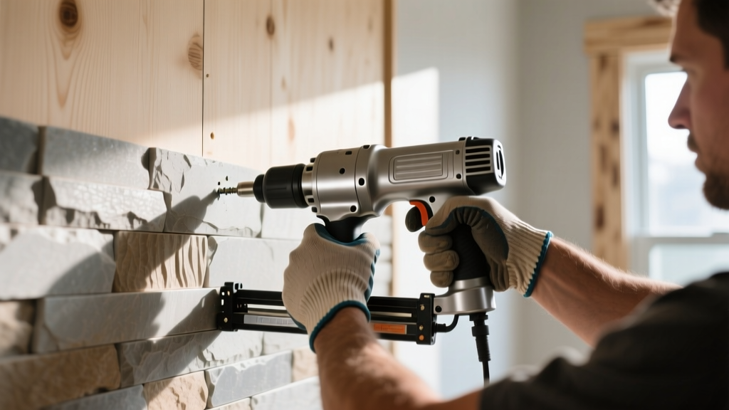 Close-up of a contractor using a pneumatic nailer to secure interlocking polyurethane stone veneer panels to a plywood interior wall