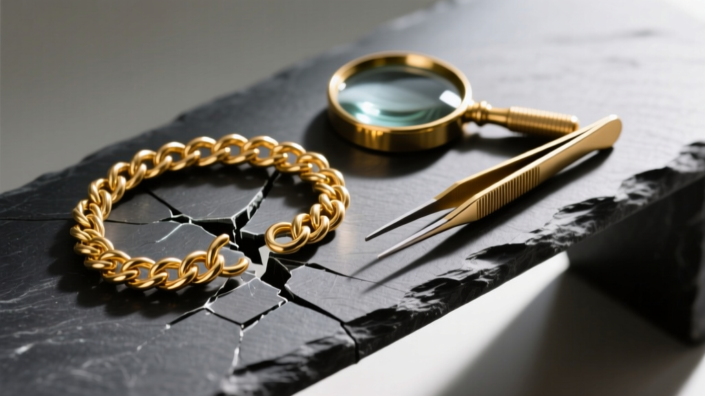 Macro shot of broken 14k gold rope chain on dark slate bench, beside fine brass tweezers and a jeweler