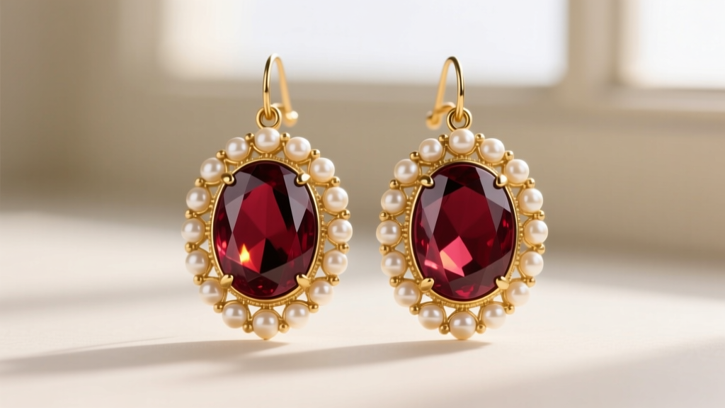 Close up of Victorian 15k gold vintage garnet earrings featuring deep red almandine cabochons surrounded by small seed pearls.