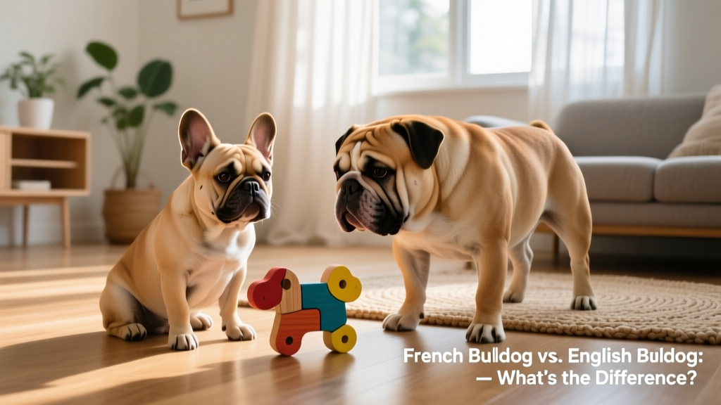 French Bulldog and English Bulldog side-by-side playing gently with a puzzle toy indoors
