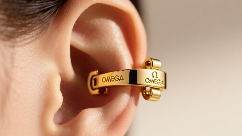 Detailed view of an 18k gold omega clip earring backing with a custom hinged harness wrapping around the upper ear cartilage area