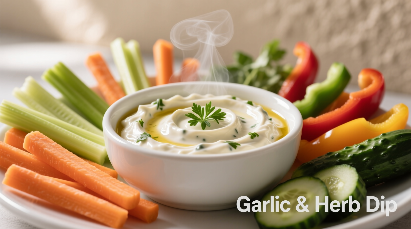 Creamy garlic dip in white bowl with vegetable sticks