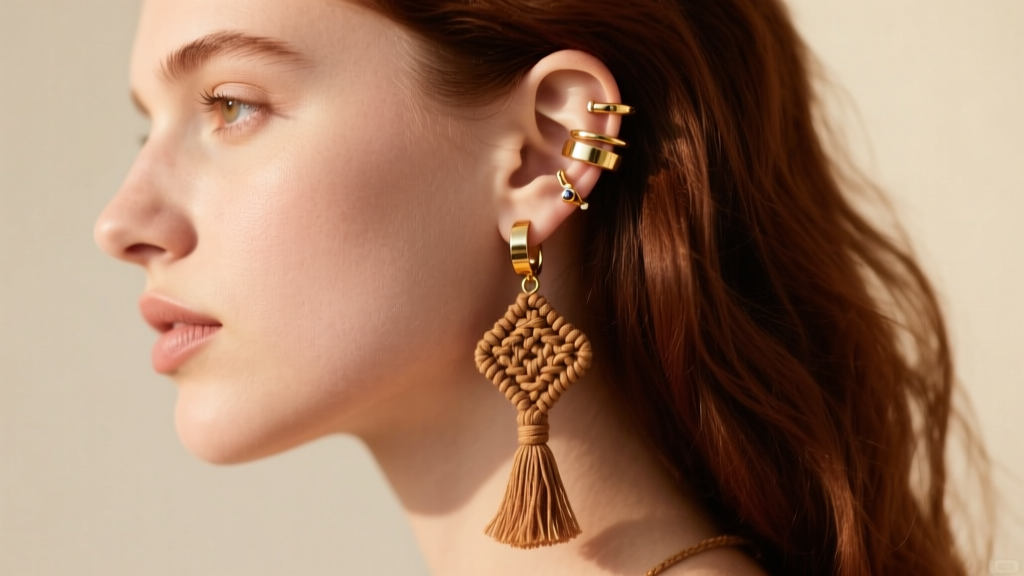 Side profile of a woman with a curated ear stack featuring a 70s macrame dangle and modern gold cartilage cuffs in soft daylight