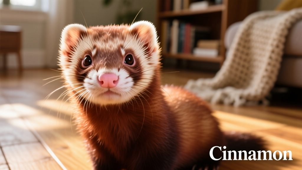 A cinnamon ferret with soft reddish-brown fur, pale nose, and gentle expression
