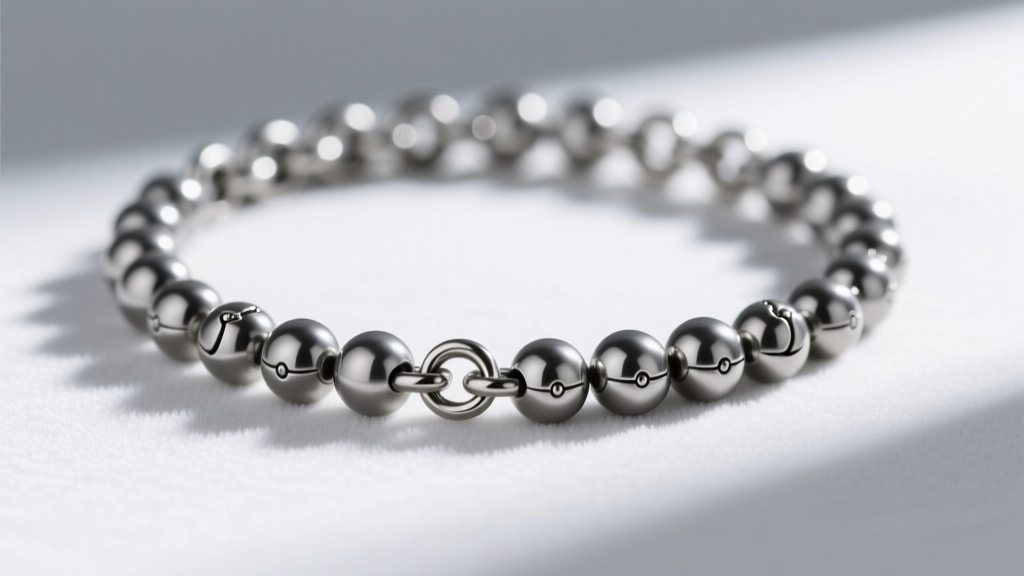 Macro photography of a Grade 5 titanium ball and chain link necklace showing brushed matte finish and precise bead soldering.