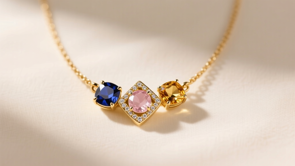 Solid gold personalized mother necklace with three bezel-set birthstones on cream linen fabric under warm, diffused studio lighting.