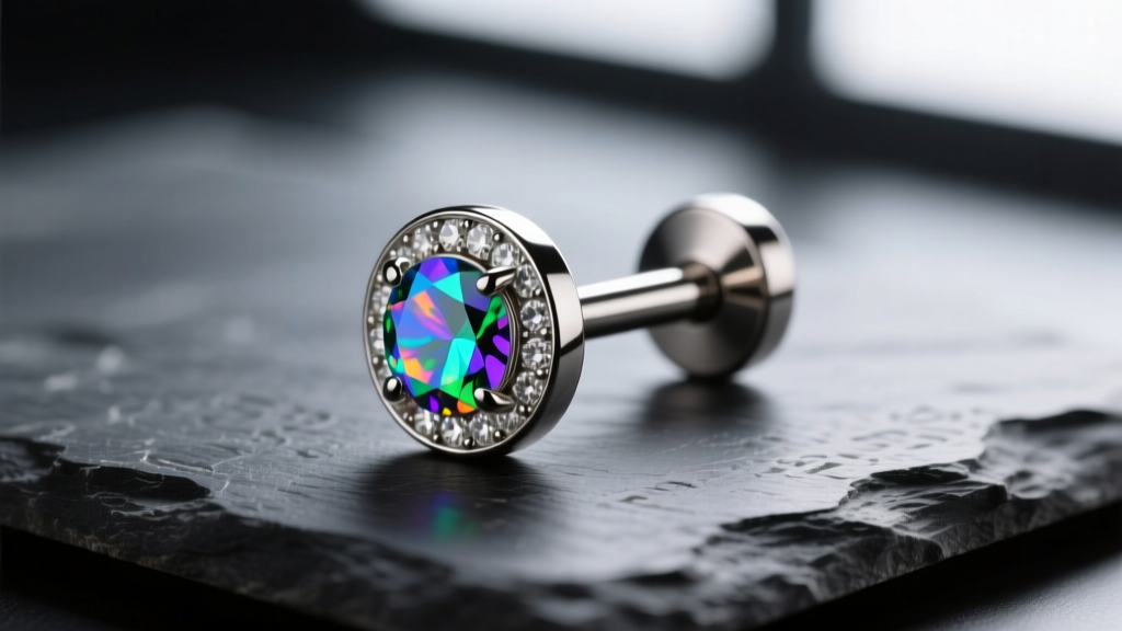 Macro photo of a 16-gauge implant-grade titanium flat-back labret with a bezel-set opal gemstone resting on a dark slate surface.