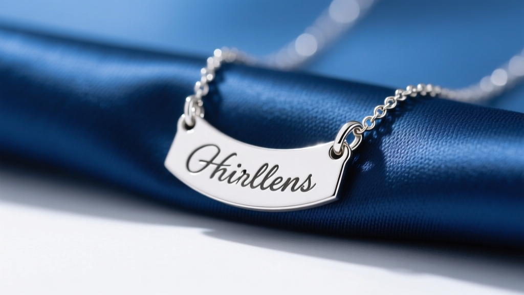 Close-up of a 925 sterling silver childrens name necklace on blue fabric, showing the cursive nameplate and secure lobster clasp