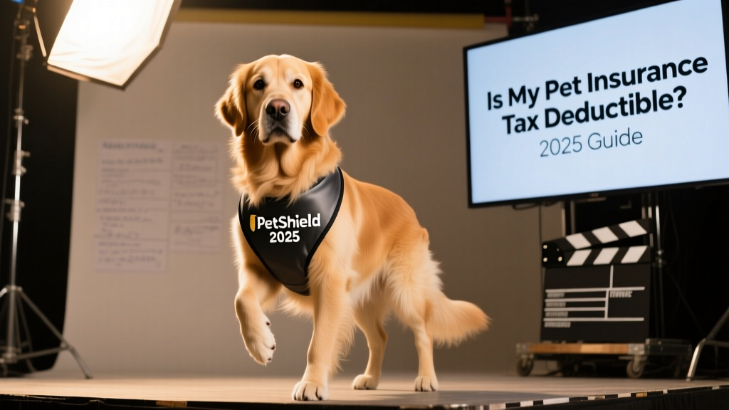 A professional photo of a dog posing on set during a film shoot, wearing a branded vest