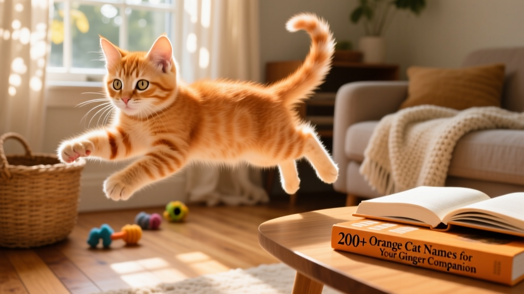 A playful orange tabby kitten mid-pounce, bathed in warm sunlight