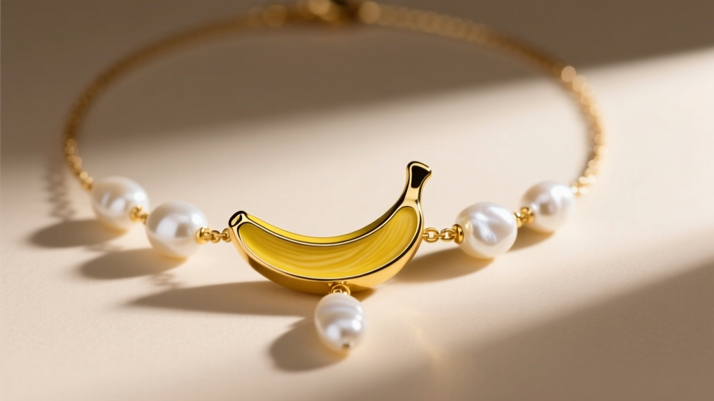 Macro shot of a gold vermeil necklace featuring a yellow enamel banana charm and irregular white freshwater pearls on silk thread