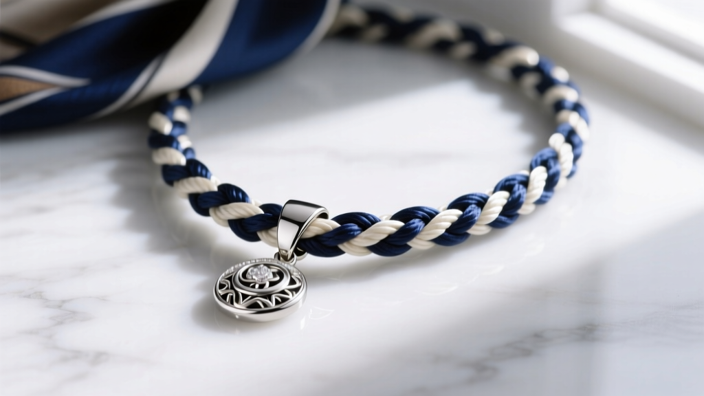 Close-up of a silver sliding bail pendant threaded onto a braided silk scarf necklace cord resting on a white marble surface