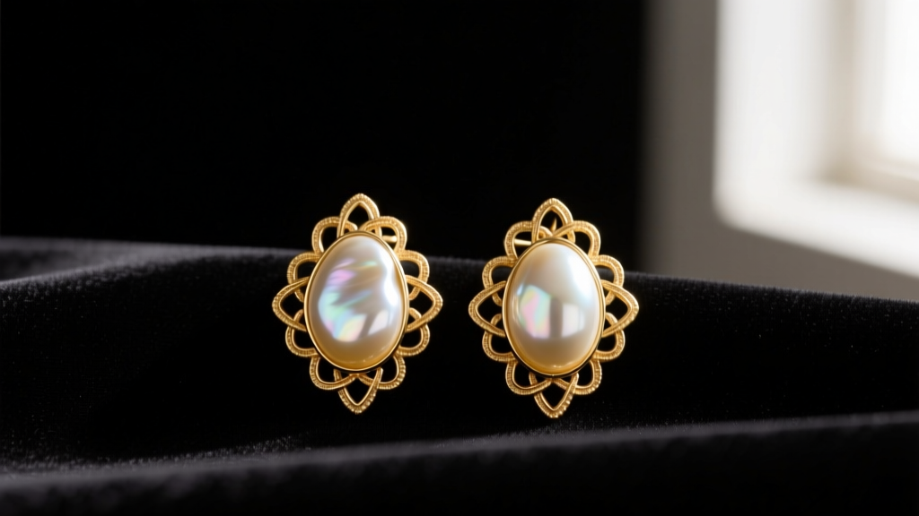 1950s Miriam Haskell clip-on earrings with baroque faux pearls and intricate Russian gold wirework resting on dark velvet fabric.