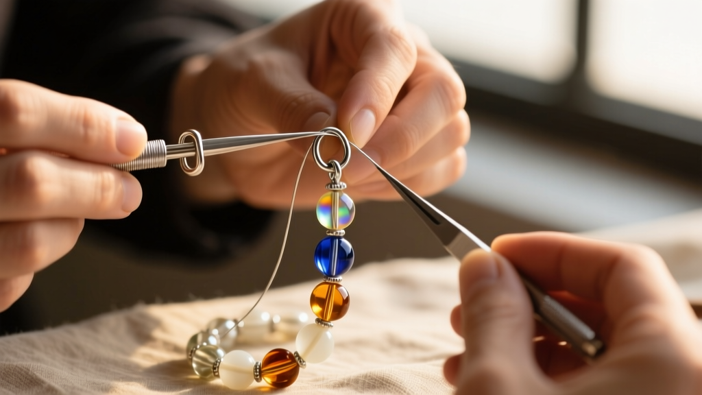 Jeweler restringing antique glass beads with 0.024-inch titanium wire, French wire gimp, and a sterling silver toggle clasp