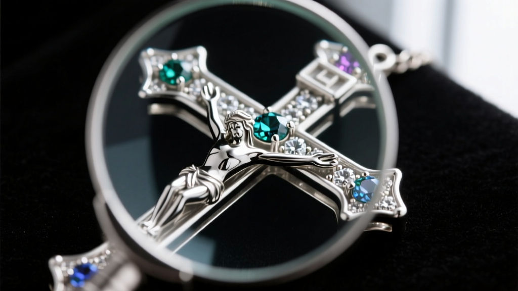 Loupe examining prong-set stones on a solid sterling silver rosary crucifix, showing secure metalwork details in sharp macro focus.