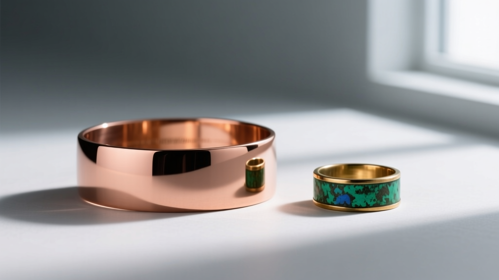 Studio comparison of a polished copper cuff bracelet and a green-oxidized brass ring illuminated by soft directional lighting.