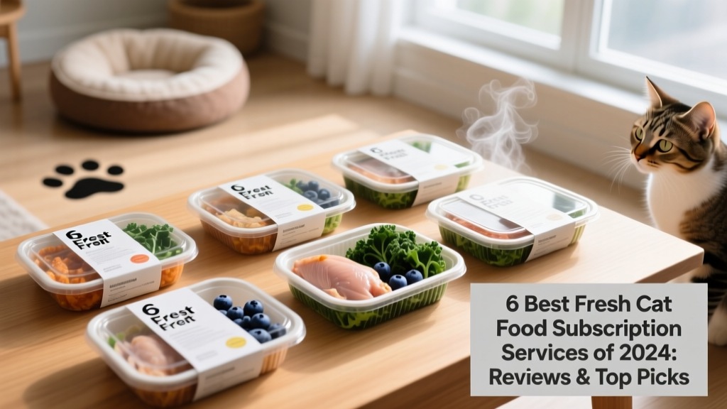 A sleek, modern unboxing of fresh cat food trays with clear labeling and vibrant ingredients visible