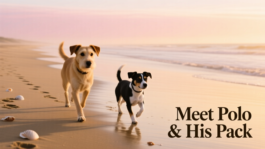 Two dogs—a sandy-colored terrier mix and a smaller black-and-white dog—trotting side by side along a sunlit beach at dawn