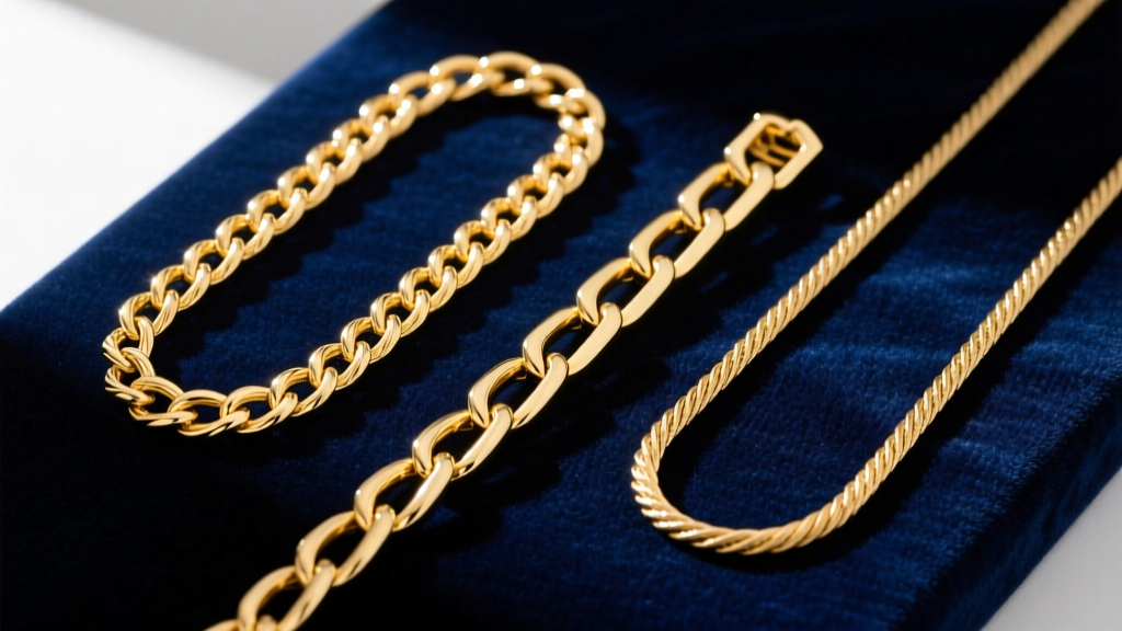 A flat lay comparison of three gold chains: a delicate hollow rope chain, a sturdy solid box chain, and a classic cable chain, on a velvet jeweler's mat