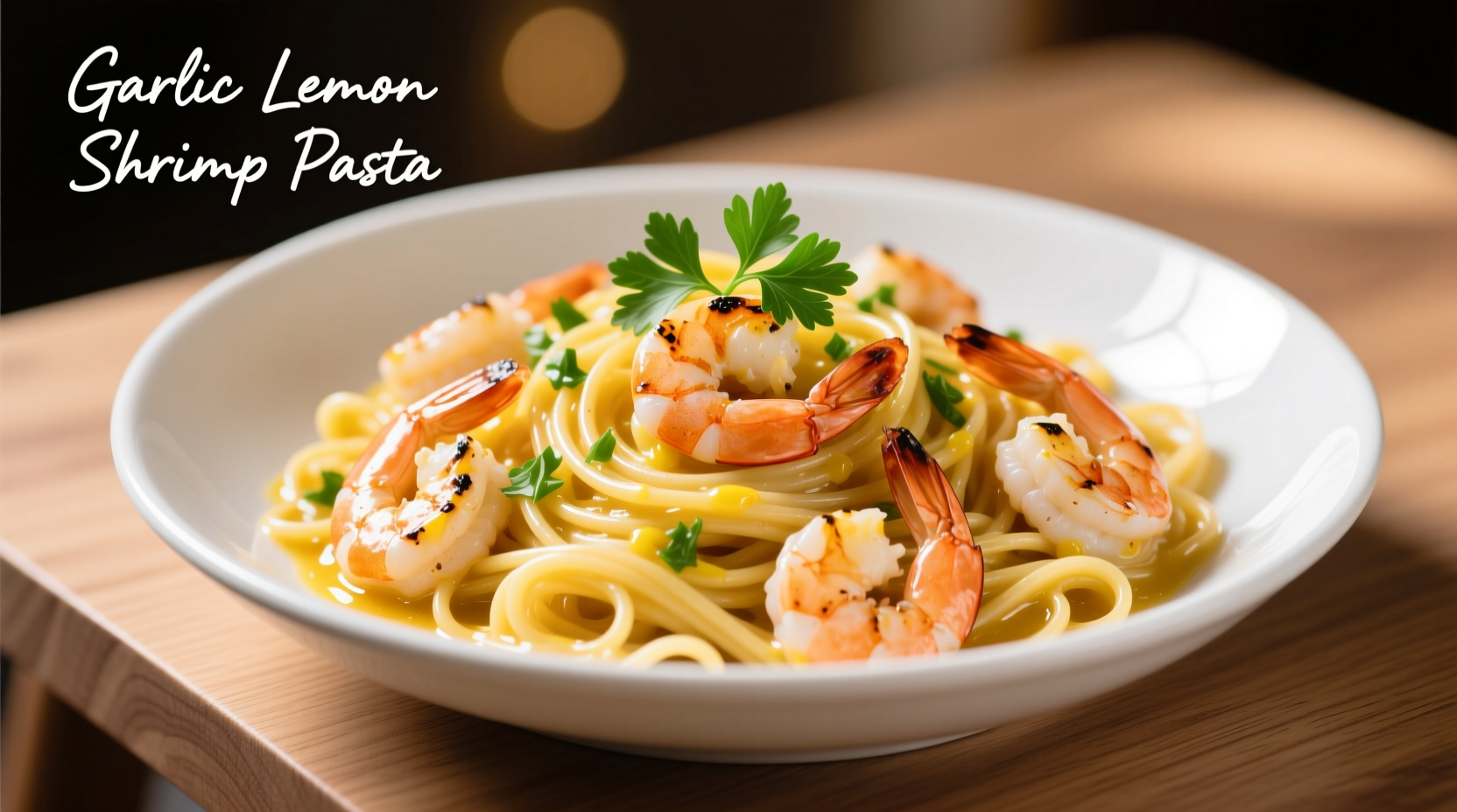 Garlic lemon shrimp pasta in white bowl with fresh parsley