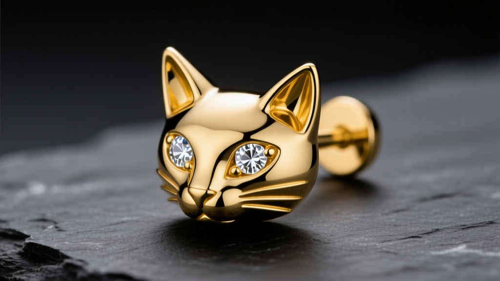 Macro shot of a 14k solid yellow gold cat earring stud with diamond eyes on dark slate, lit by soft directional studio light.