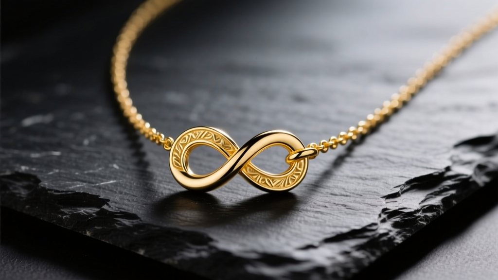 Elegant 18k yellow gold eternal love necklace with an infinity knot pendant resting on dark slate in soft natural light
