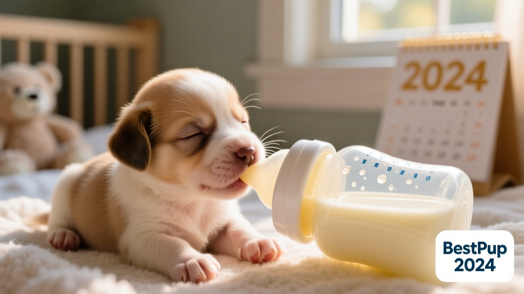 Close-up of a newborn puppy gently nursing from a bottle filled with milk replacer