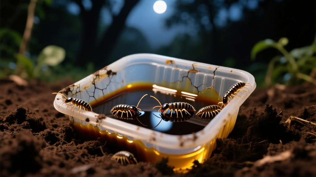 Close-up of a recycled plastic container buried in garden soil with soy sauce and oil mixture catching earwigs at night