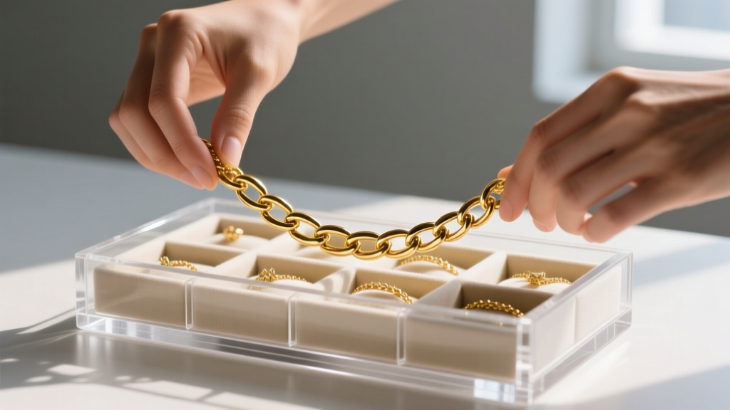 Hands placing a polished 14k gold chain into an acrylic gold jewelry holder featuring individual padded storage slots.