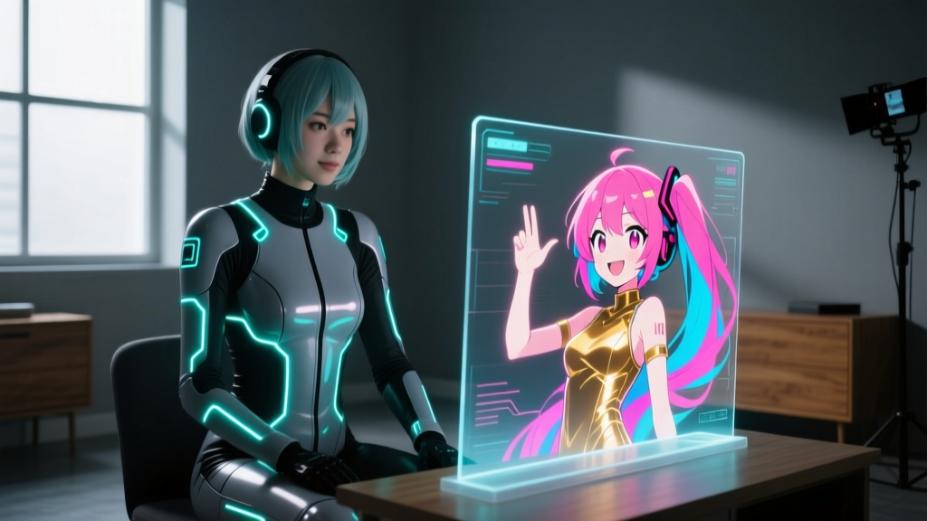 VTuber streamer in a dimly lit room wearing a sleek six-sensor motion capture suit, with a vibrant 2D anime avatar mirroring movements