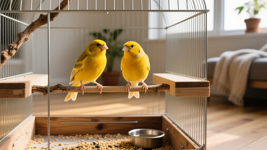 Two male canaries perched side by side in a spacious flight cage, with visible separation between their perching zones
