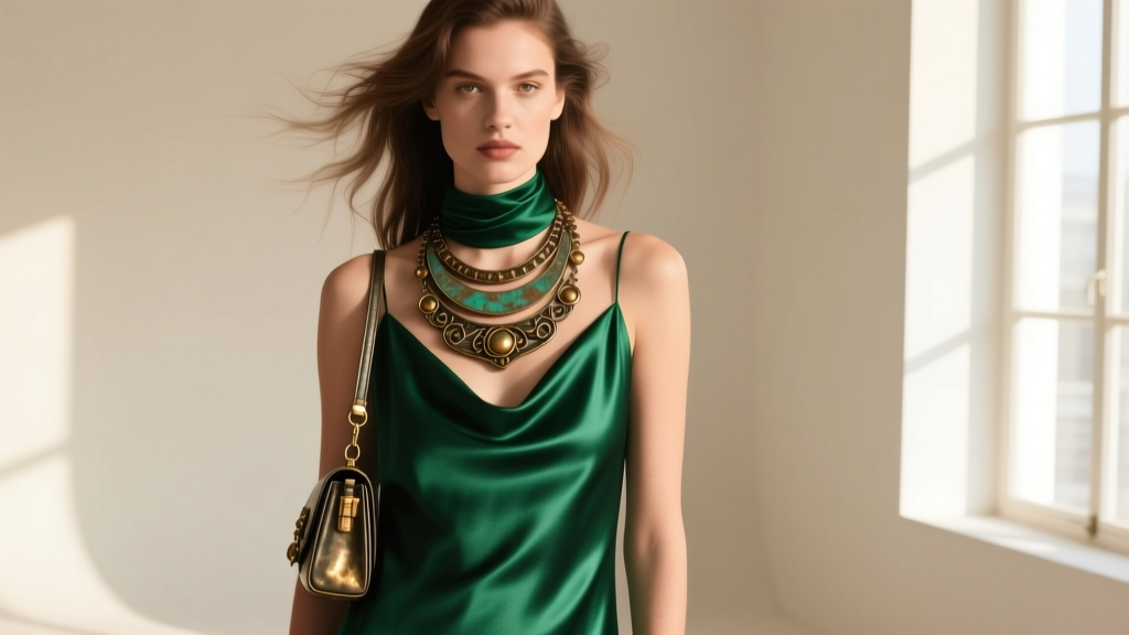 Fashion editorial shot of a model wearing a layered vintage purse necklace over a deep emerald green silk cowl-neck slip dress