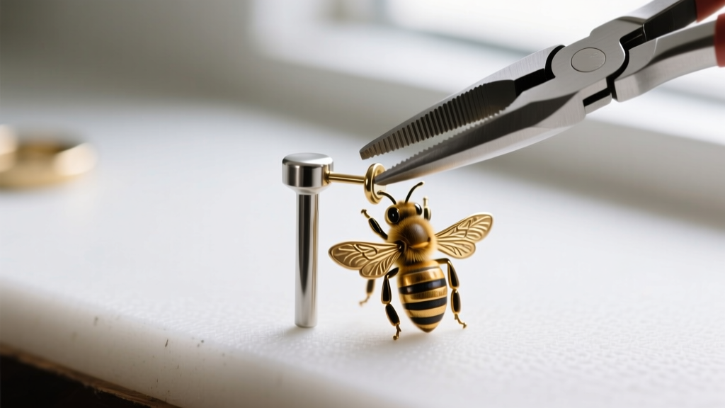 A 20-gauge titanium post attached to a brass honey bee earring using precision pliers on a clean, well-lit jeweler workbench.