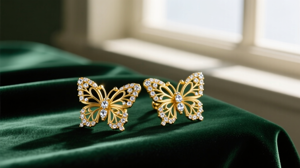 Close-up of 1950s Trifari gold-plated vintage butterfly earrings with clear rhinestones resting on dark green velvet fabric.