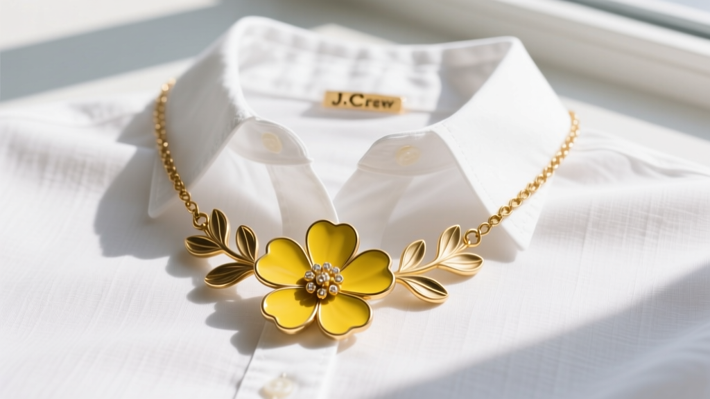 Flat lay of a vintage brass and bright yellow enamel J.Crew flower necklace resting on a crisp white linen button-down shirt.