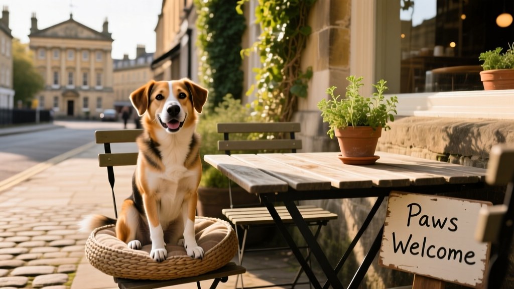 A happy mixed-breed dog sitting calmly beside a table at an outdoor restaurant in Bath