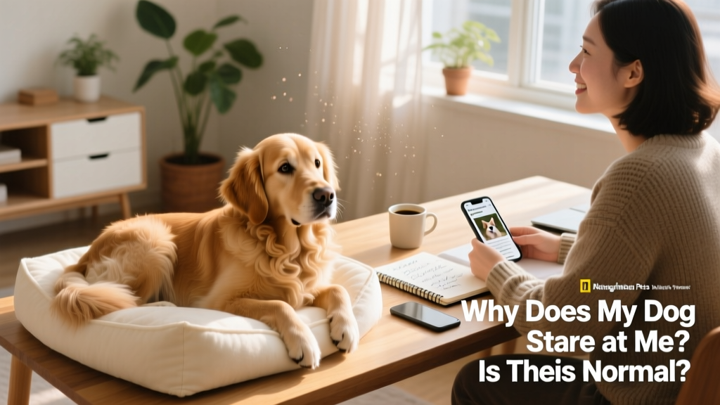 A dog calmly resting on a plush dog bed nearby while their human works at a desk, looking relaxed and content
