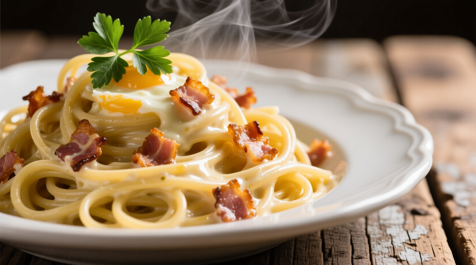 Perfect carbonara with glossy sauce coating spaghetti