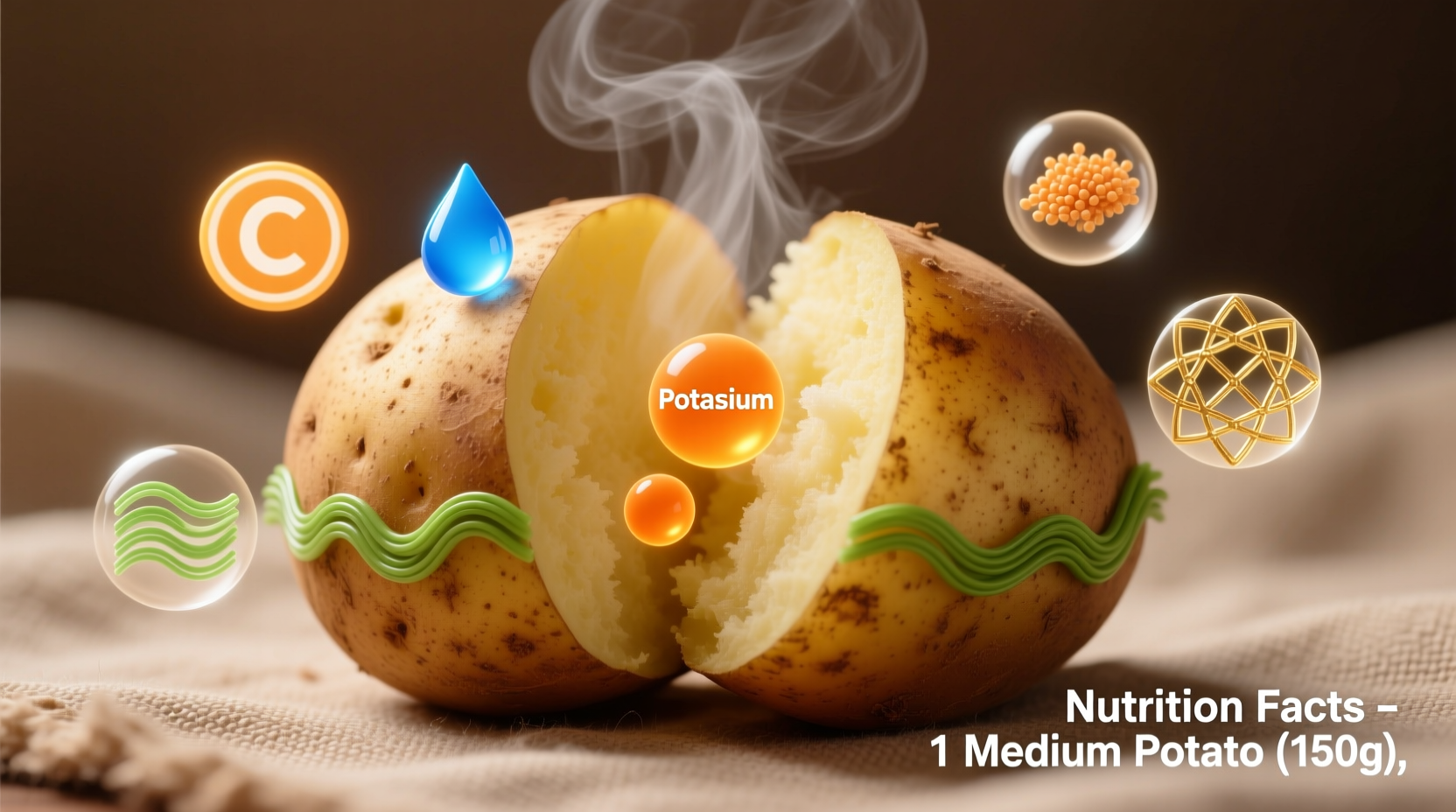Fresh baked potato with skin showing nutritional components