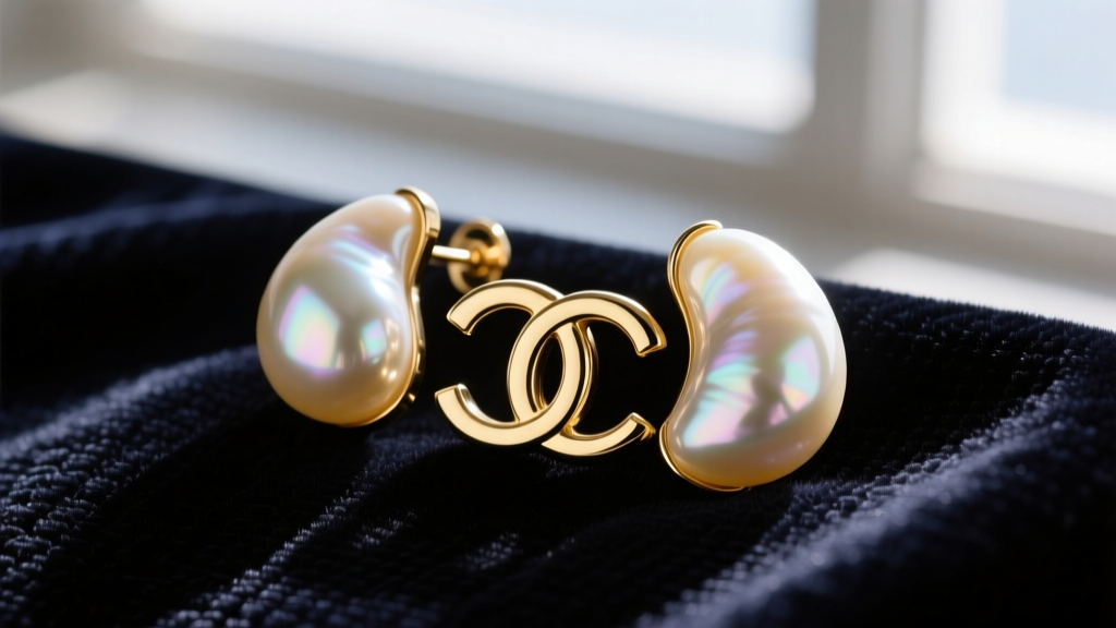 Macro shot of vintage Christian Dior clip-on earrings featuring large faux pearls with the iconic CD logo charm on dark velvet.