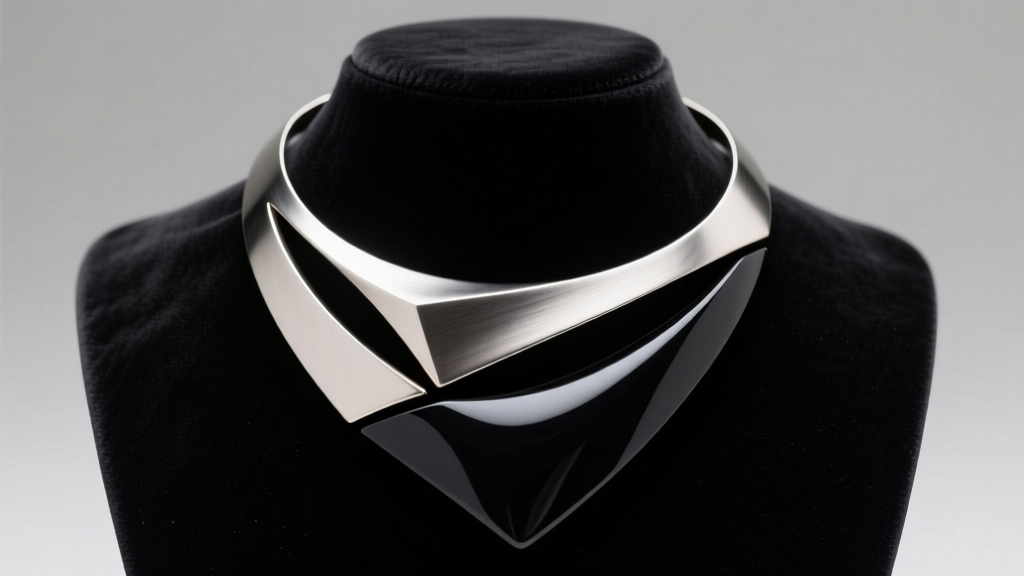 Oversized sculptural bib necklace made of brushed aluminum and black resin, resting on a dark velvet bust under soft studio lighting