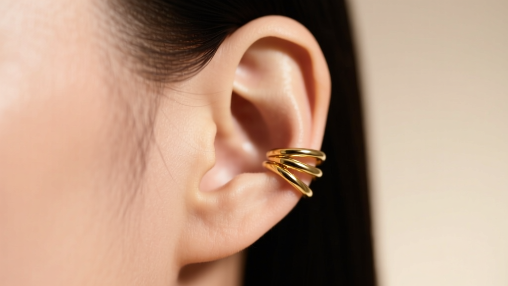 Close-up of a model's ear with a delicate gold ear cuff wrapped around the mid-helix cartilage, lit by soft studio lighting