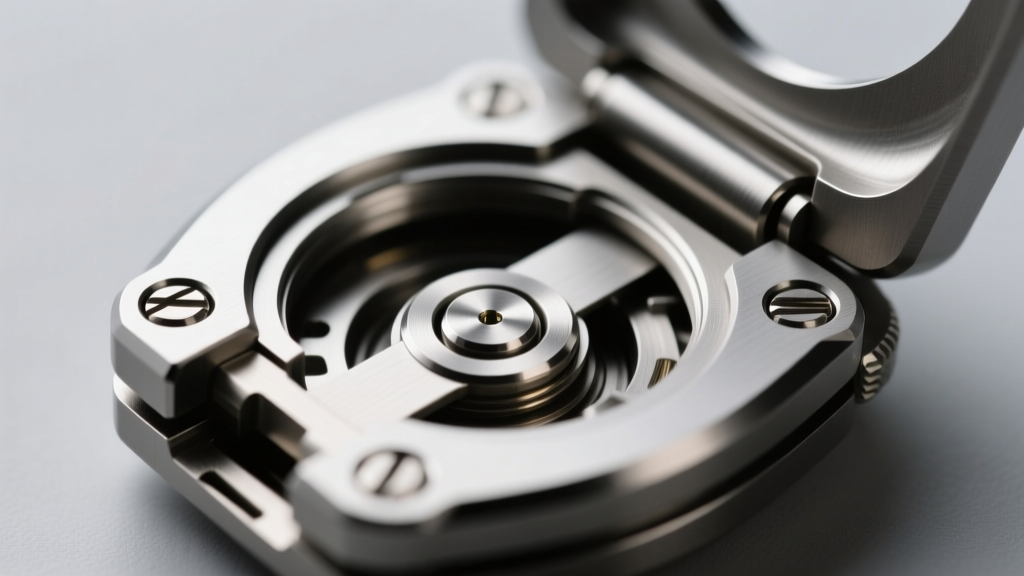 Close-up of open Grade 5 titanium hinged segment clicker, showing the internal locking groove and polished hinge pin mechanism.