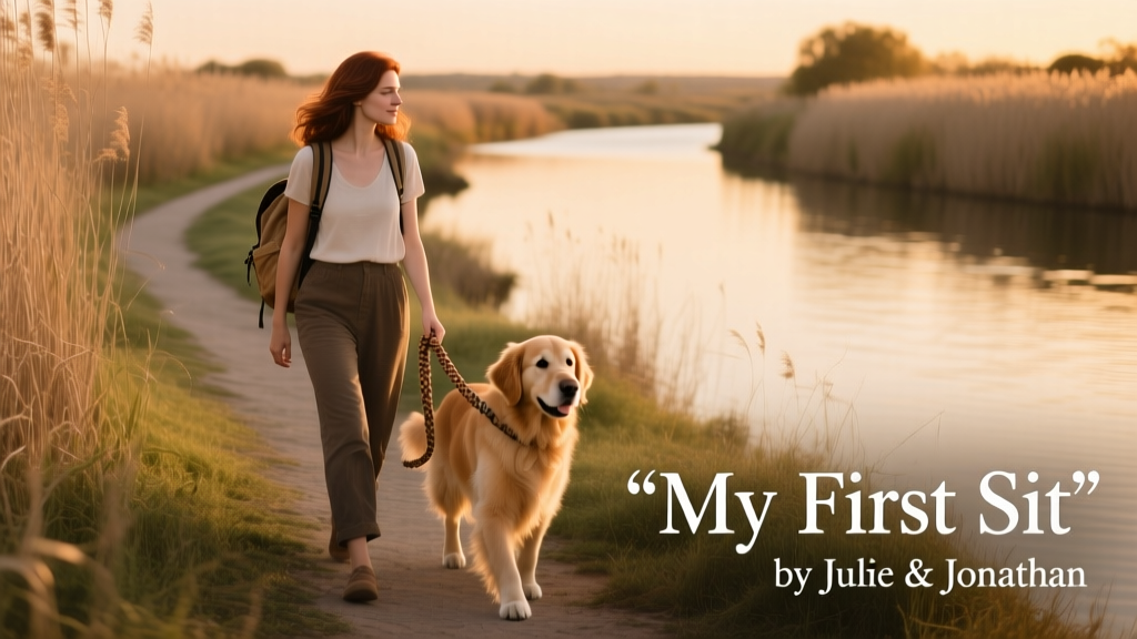 Julie walking Txuri along a quiet riverside path with reeds and water in the background
