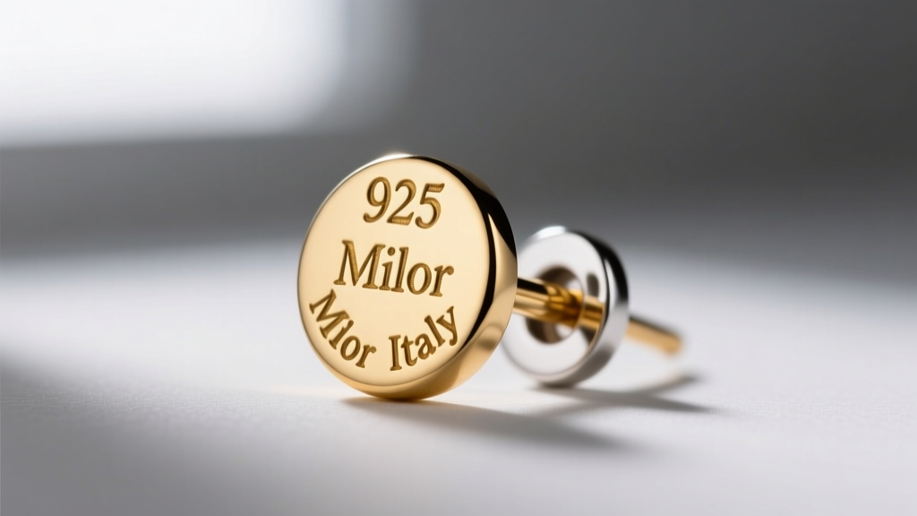 Macro view of a 925 hallmark and Milor Italy stamp on a gold-plated silver earring post, lit by a bright jeweler's loupe.