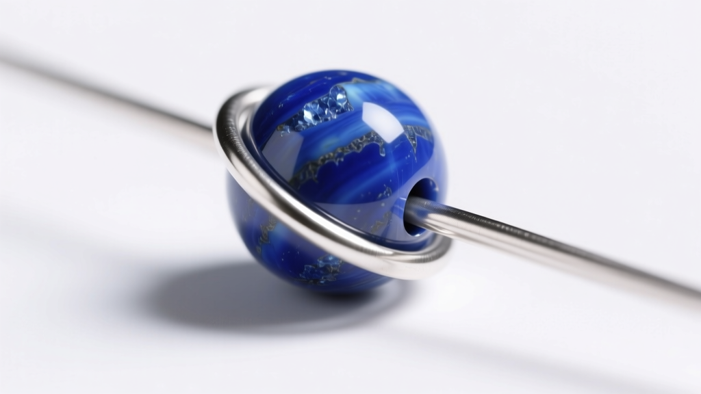 Macro photo of 20-gauge half-hard sterling silver wire looped through a 2mm lapis lazuli bead under bright studio lighting