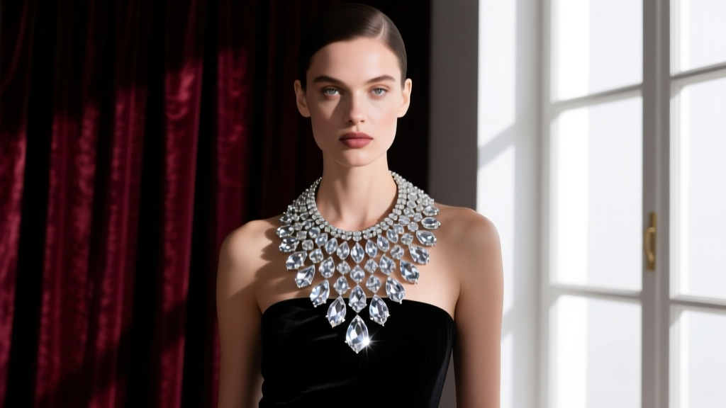 Model wearing a large rhinestone necklace on dark velvet, studio light reflecting off the brilliant cut clear crystal facets.