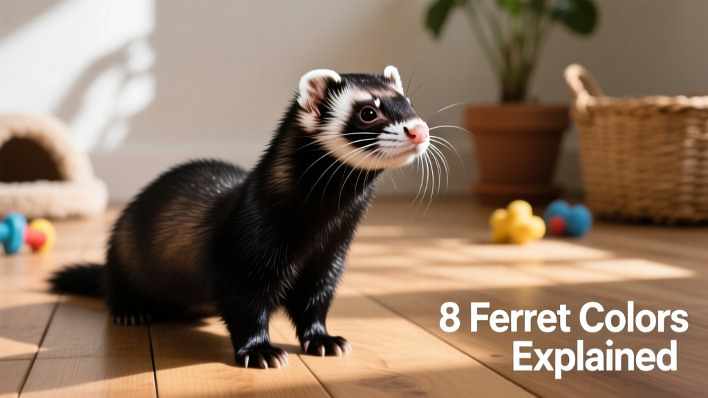 A solid black ferret with glossy fur, contrasting white whiskers, and alert posture