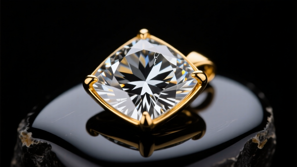 Macro shot of diamond slice pendant on black onyx, revealing carbon spots and fracture lines near the 14k yellow gold bezel edge
