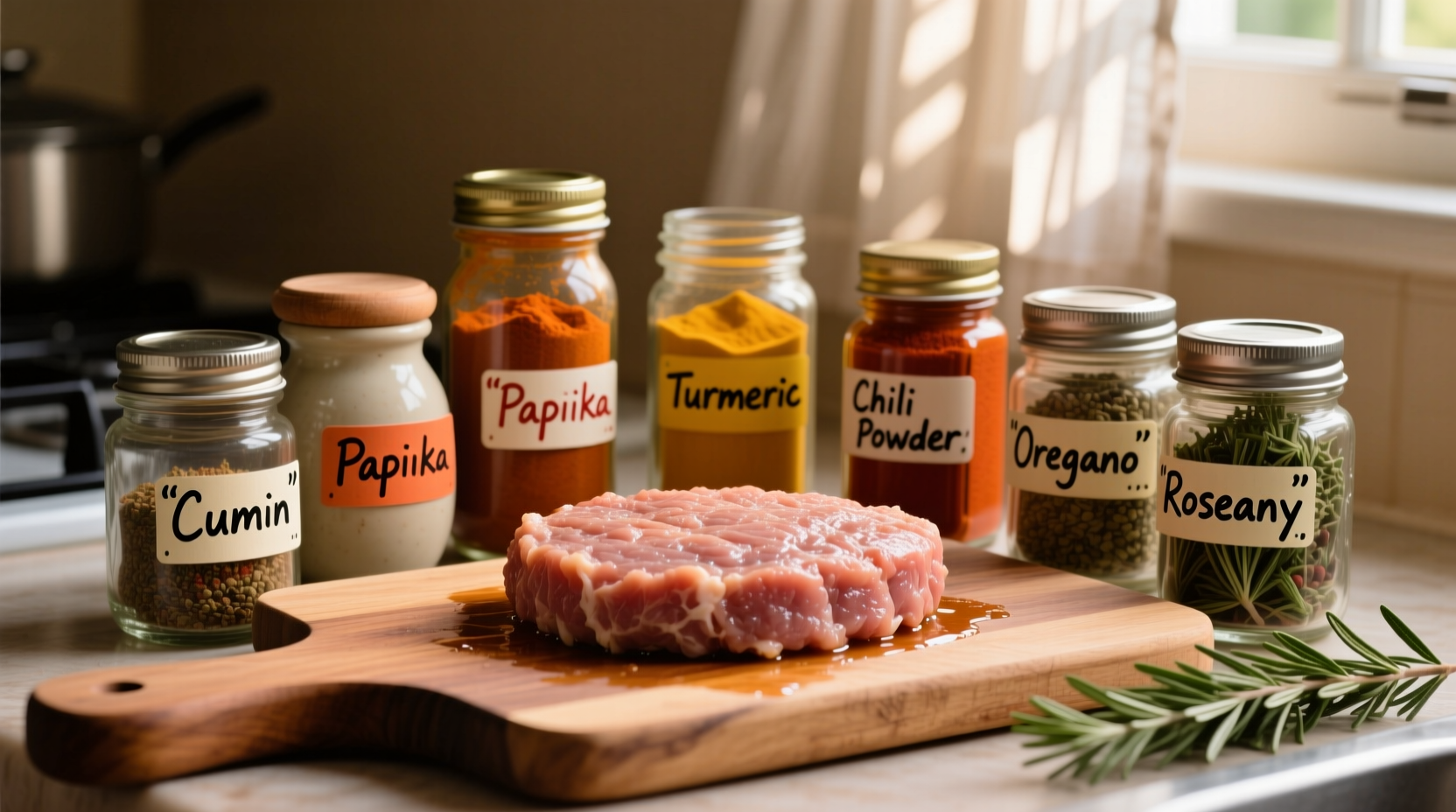 Spice jars arranged around ground turkey